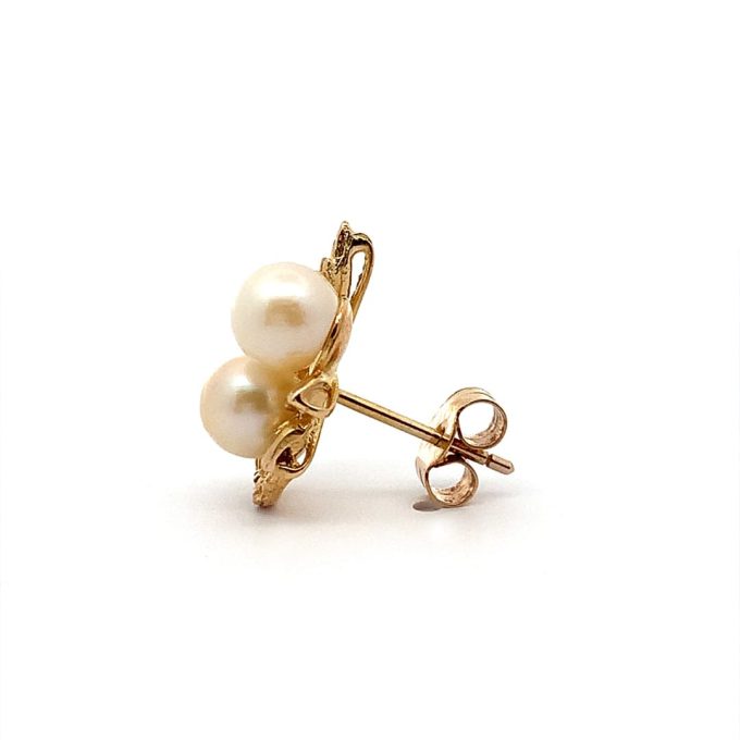 Yellow Gold Vine Pearl Stud Earrings