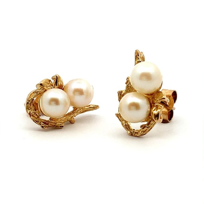 Yellow Gold Vine Pearl Stud Earrings