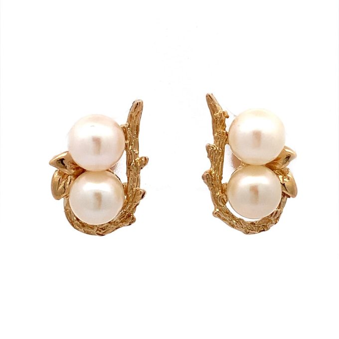 Yellow Gold Vine Pearl Stud Earrings