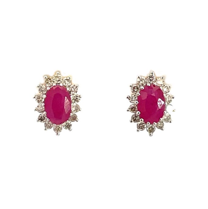 Oval Ruby & Diamond Cluster Earrings