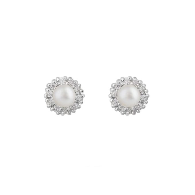 Silver Pearl & CZ Halo Stud Earrings