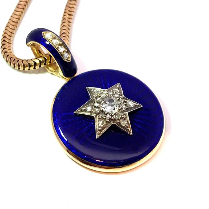 Victorian Diamond Star & Cobalt Blue Enamel Necklace