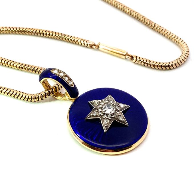 Victorian Diamond Star & Cobalt Blue Enamel Necklace