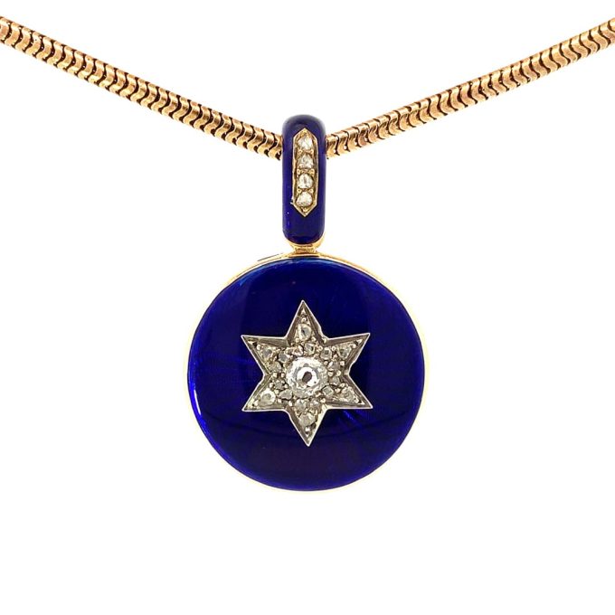 Victorian Diamond Star & Cobalt Blue Enamel Necklace