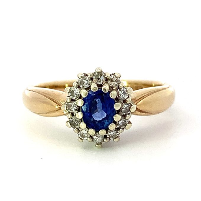 Yellow Gold Sapphire and Diamond Cluster Ring