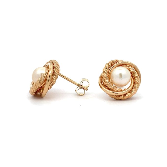 Pearl Yellow Gold Knot Stud Earrings