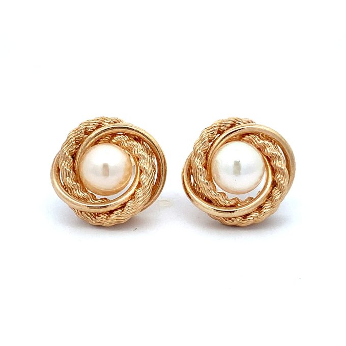 Pearl Yellow Gold Knot Stud Earrings