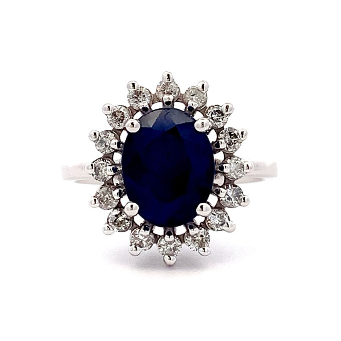 White Gold Sapphire and Diamond Cluster Ring
