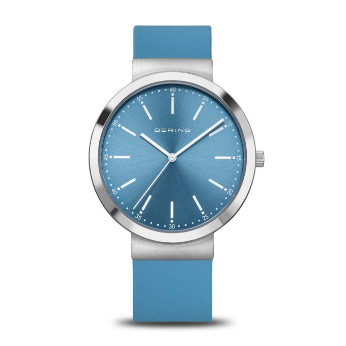 Bering Gents Brushed Steel Blue Rubber Watch 10141-398