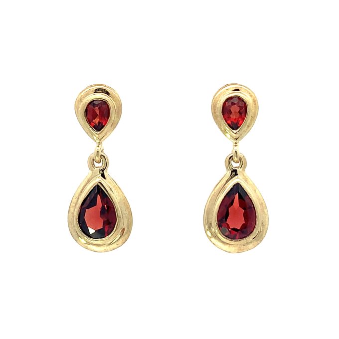 Yellow Gold Pear Cut Garnet Drop Earrings