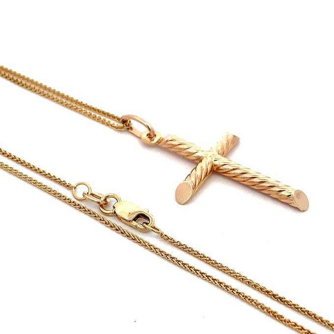 Yellow Gold Twist Design Cross and Chain