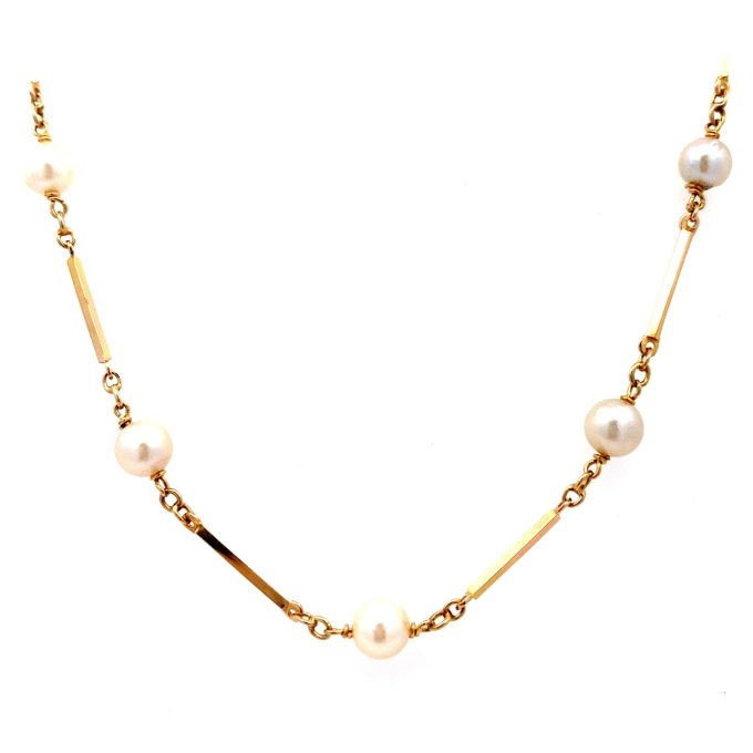 Pearl & 9ct Gold Bar Link Station Necklace