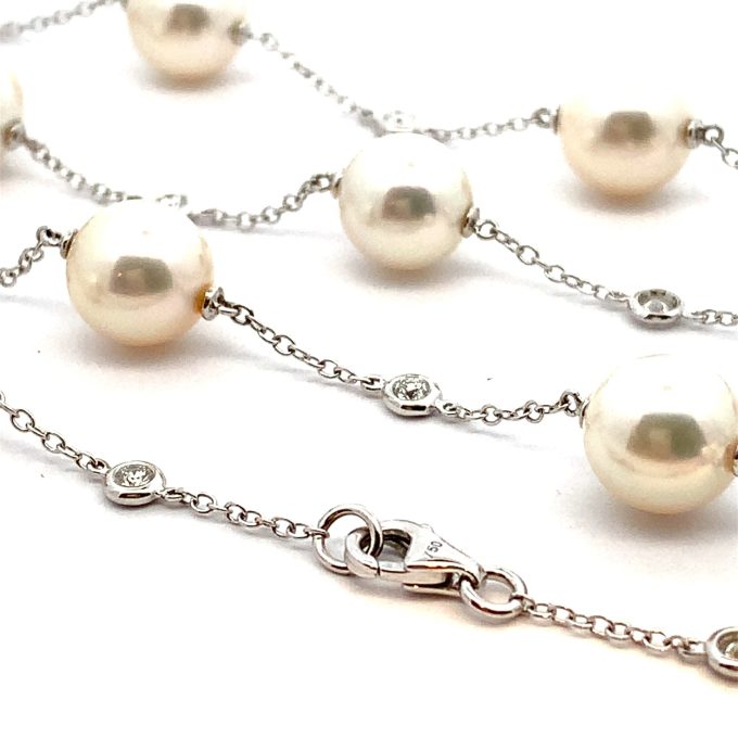 Long Pearl & Diamond Station Necklace