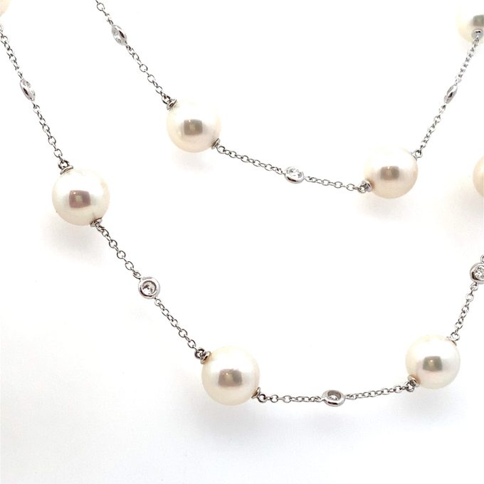 Long Pearl & Diamond Station Necklace