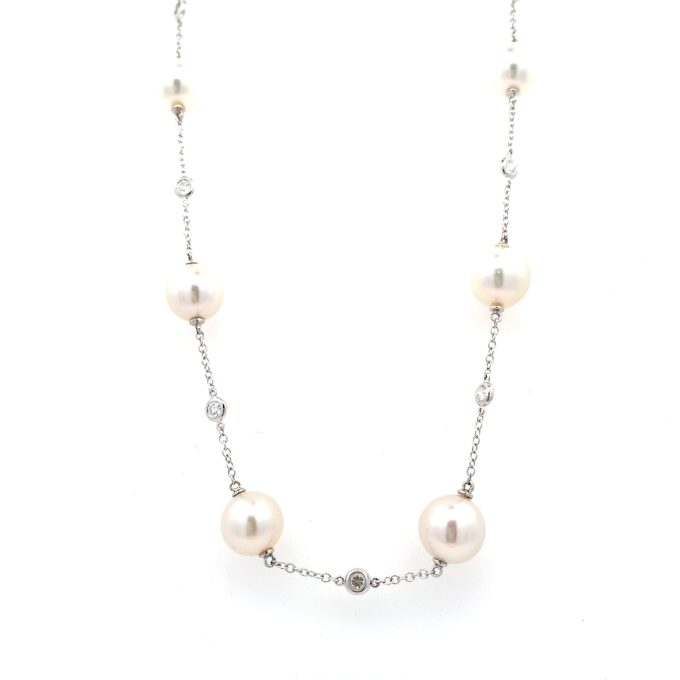 Long Pearl & Diamond Station Necklace