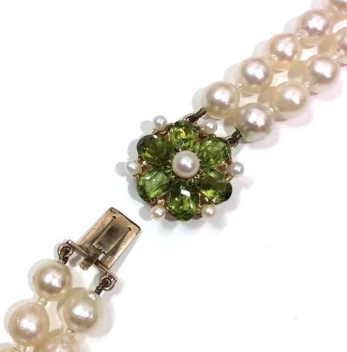 Long Two Row Pearl Necklace with Peridot Clasp