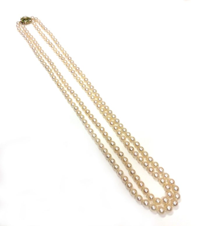 Long Two Row Pearl Necklace with Peridot Clasp