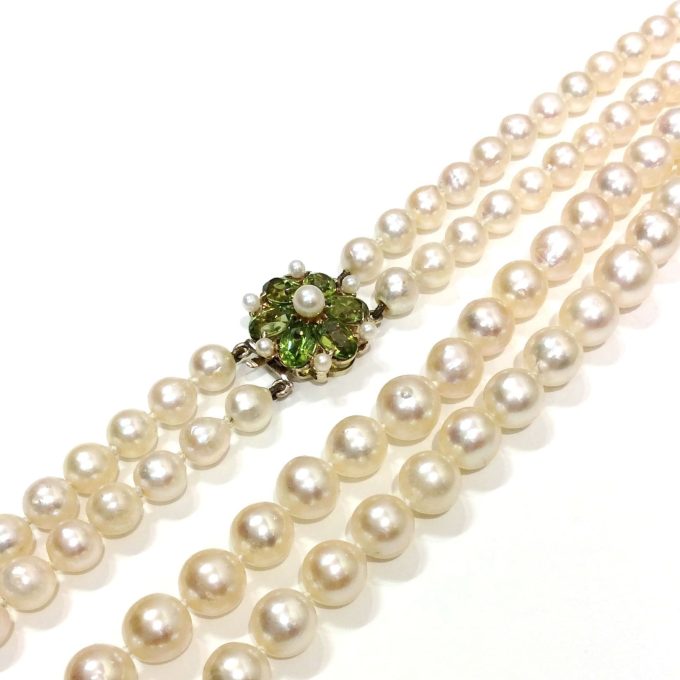 Long Two Row Pearl Necklace with Peridot Clasp