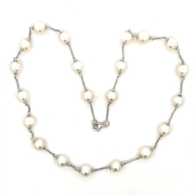 18ct White Gold Pearl Station Necklace 16"