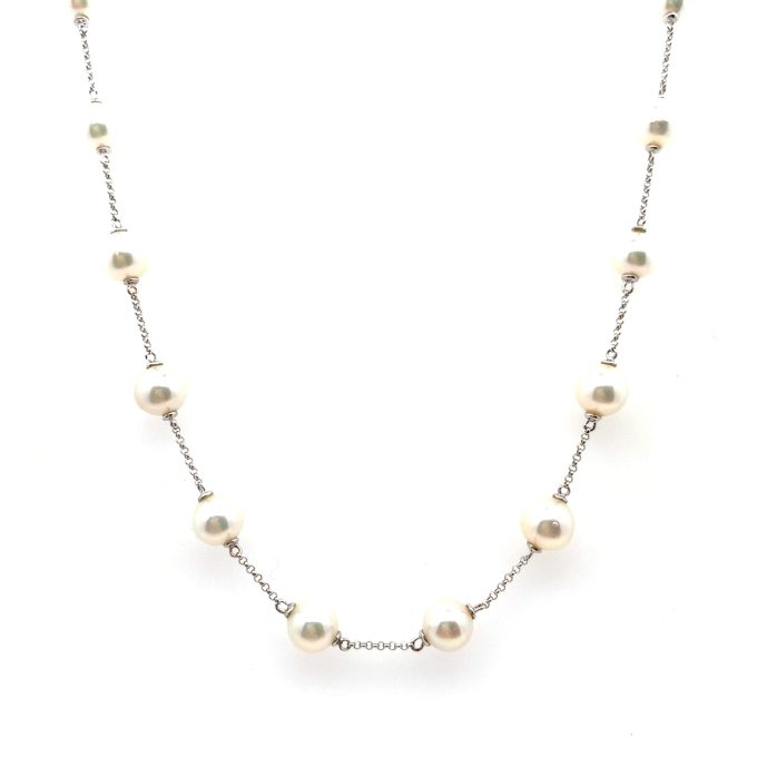 18ct White Gold Pearl Station Necklace 16"
