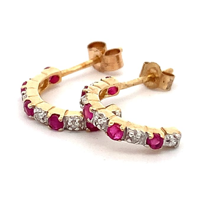 Ruby and Diamond Gold 1/2 Hoop Earrings