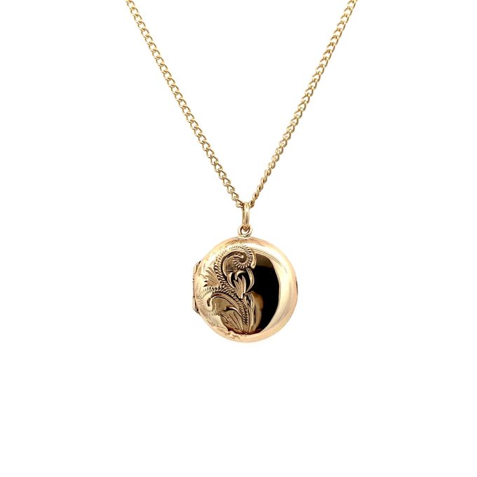 Yellow Gold Round Engraved Locket Necklace