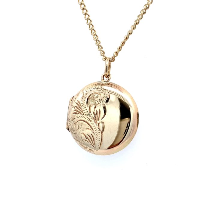 Yellow Gold Round Engraved Locket Necklace