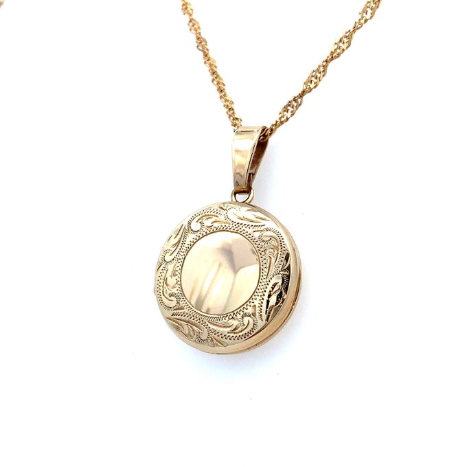 Yellow Gold Round Engraved Locket Necklace