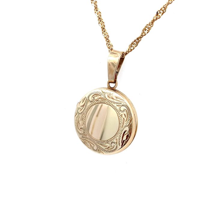 Yellow Gold Round Engraved Locket Necklace