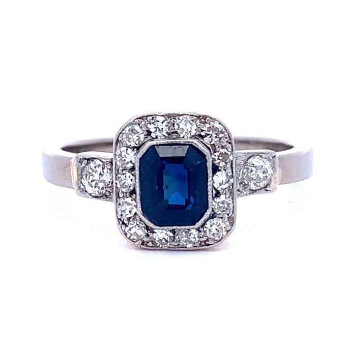 White Gold Sapphire and Deco Style Ring