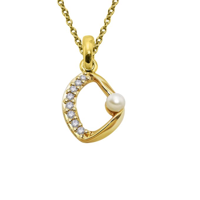 Unique Yellow Gold CZ Pave & Pearl Pendant Necklace