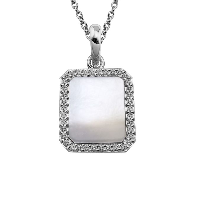 Unique Silver Mother of Pearl CZ Pave Pendant Necklace