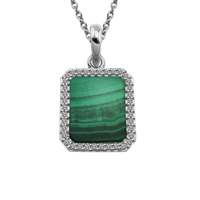 Unique Silver Malachite CZ Pave Pendant Necklace