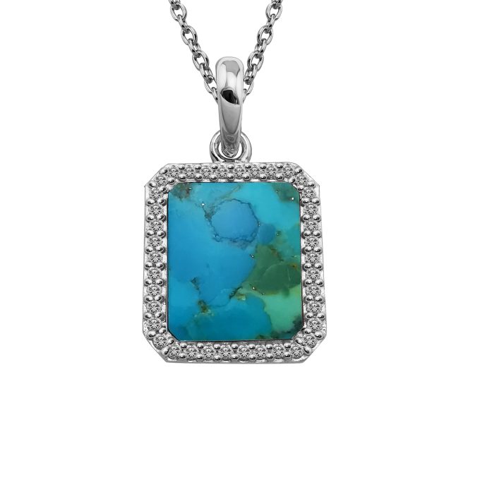 Unique Silver Turquoise CZ Pave Pendant Necklace