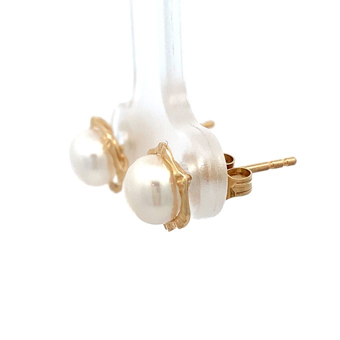 Yellow Gold Flower Pearl Stud Earrings