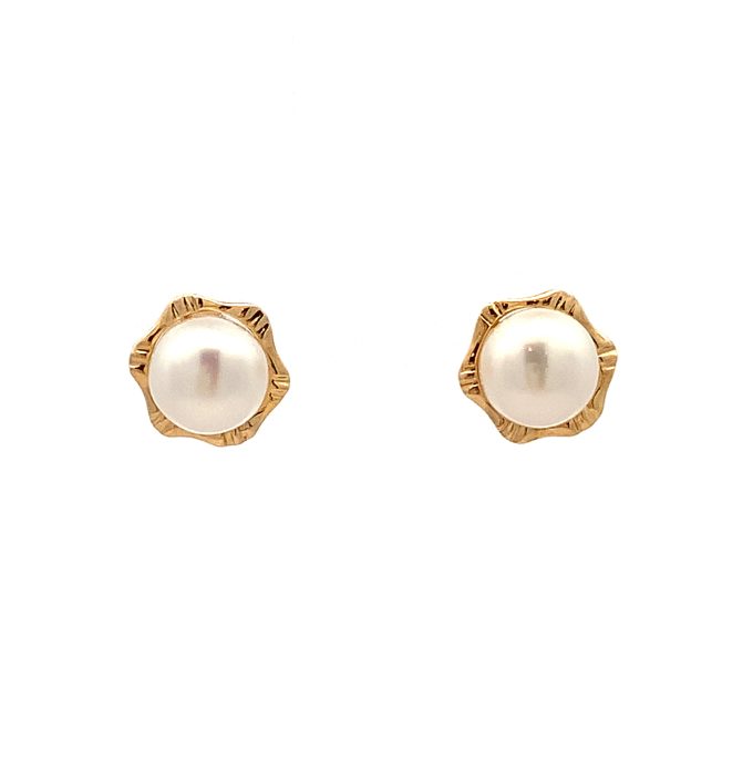Yellow Gold Flower Pearl Stud Earrings
