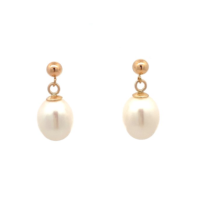 Yellow Gold Oval Pearl Drop Stud Earrings