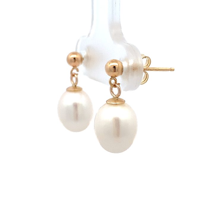 Yellow Gold Oval Pearl Drop Stud Earrings