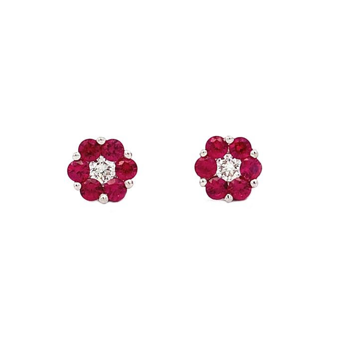 Burmese Ruby and Diamond Daisy Stud Earrings
