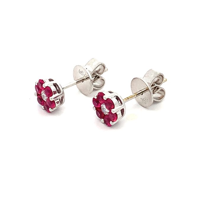 Burmese Ruby and Diamond Daisy Stud Earrings