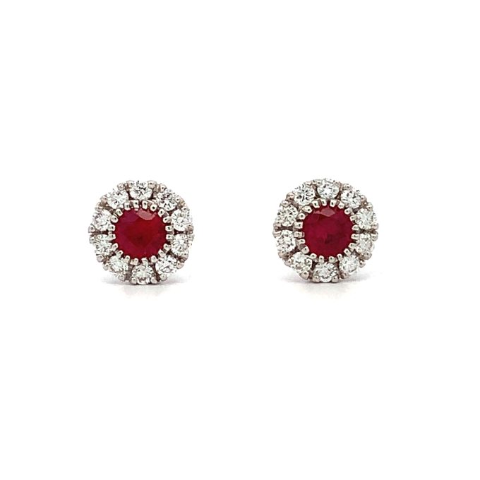 Burmese Ruby and Diamond Cluster Stud Earrings