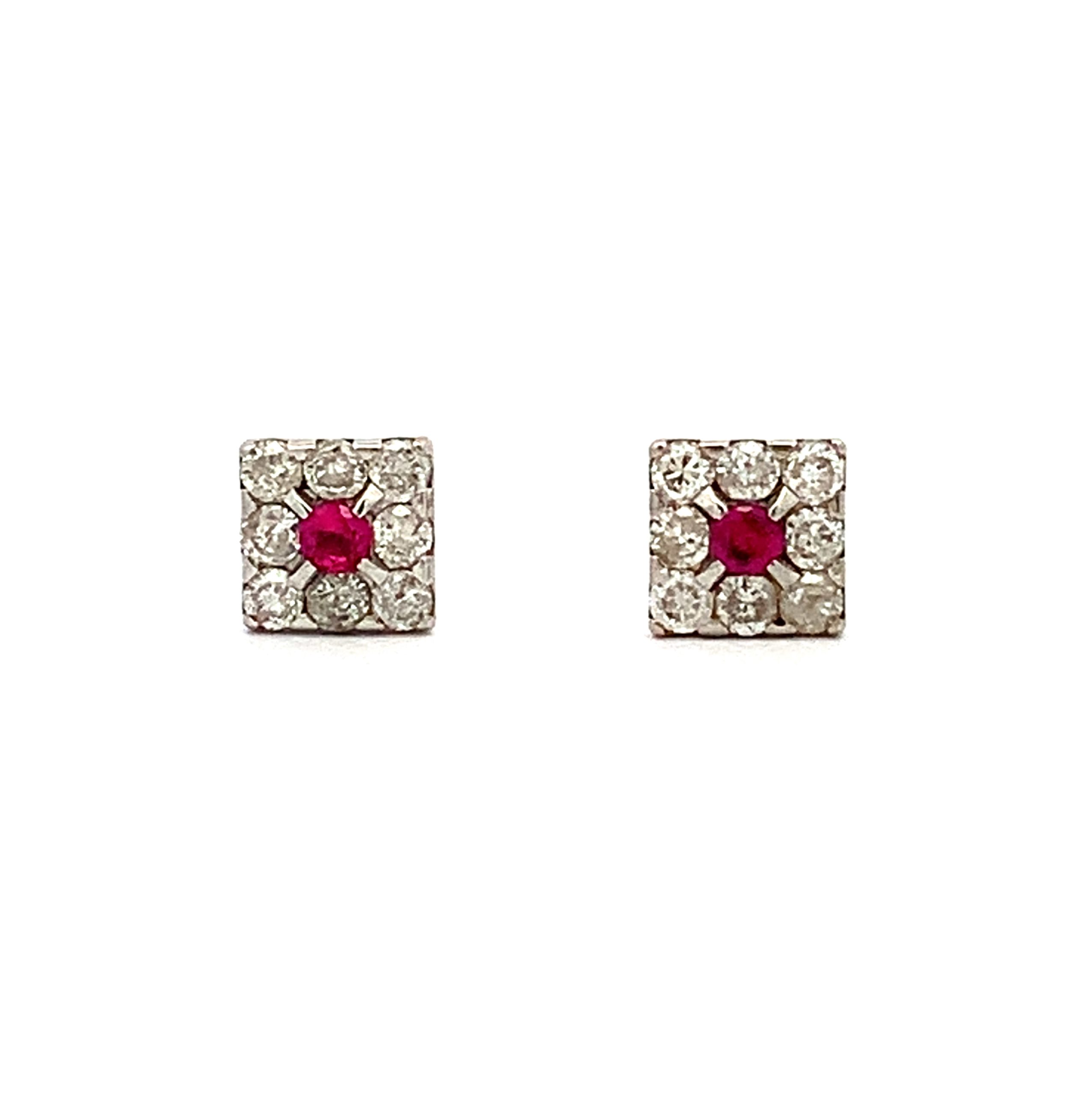 Ruby and Diamond Square Cluster Stud Earrings