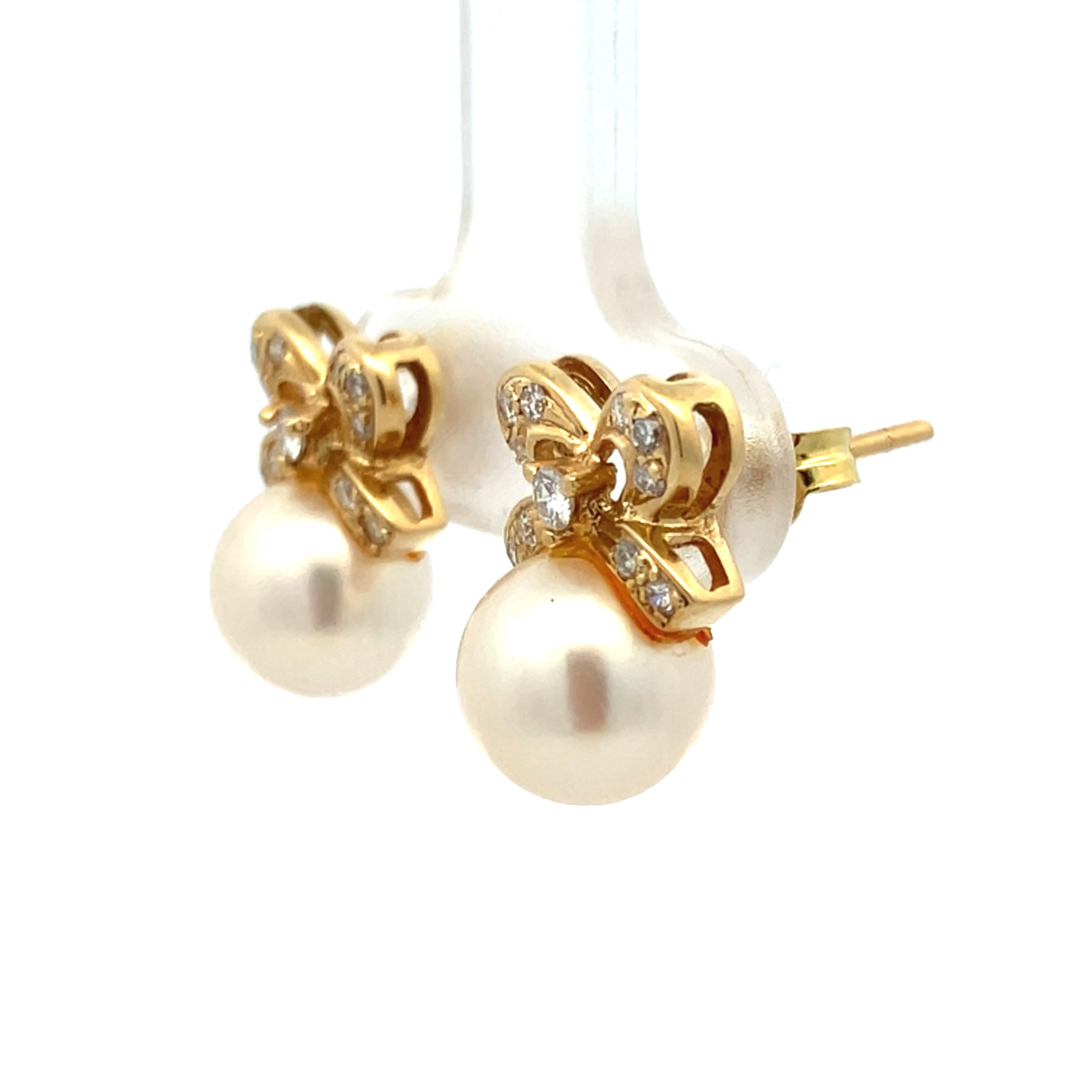 Diamond Bow Pearl Drop Earrings