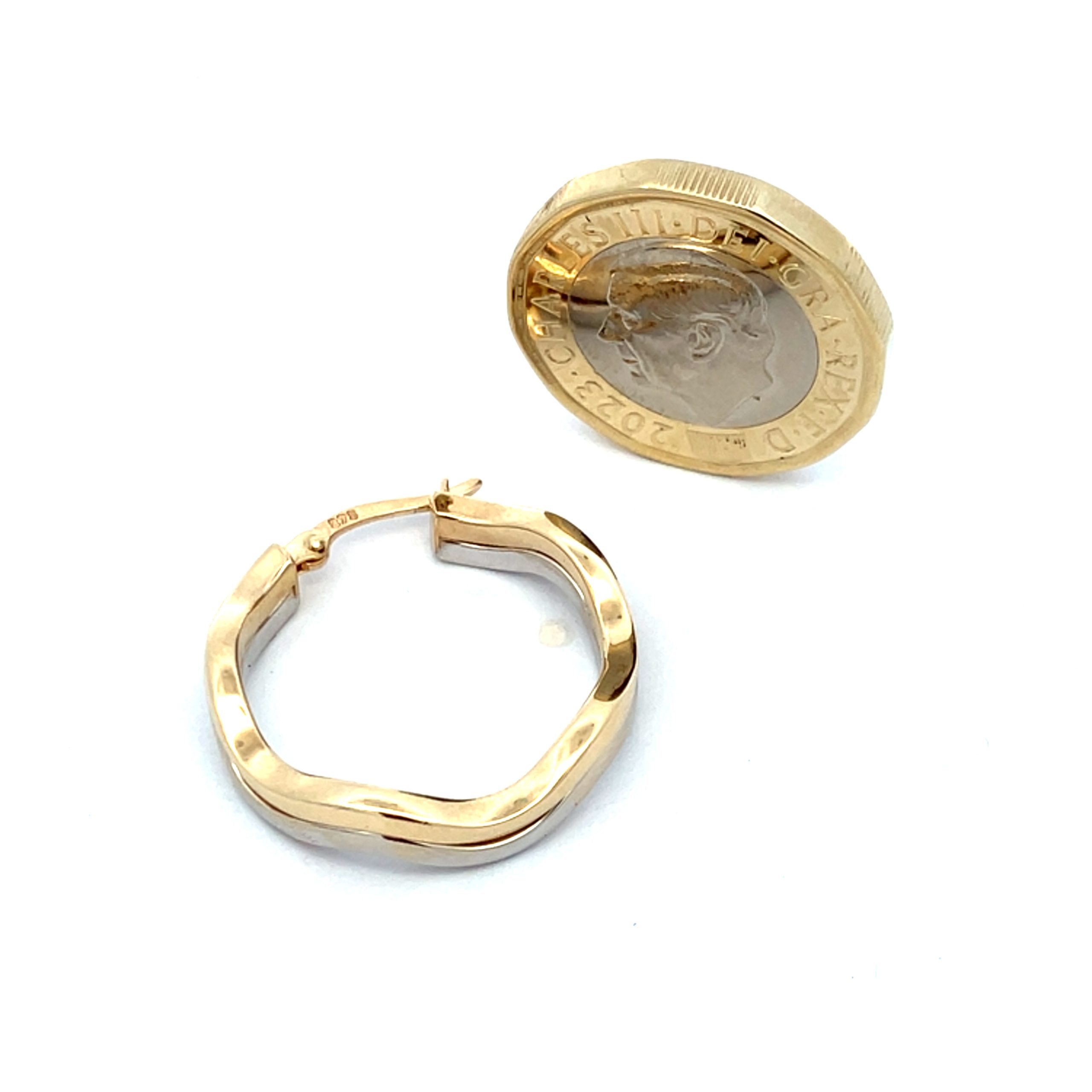 Contemporary White & Yellow Gold Wavy Hoop Earrings