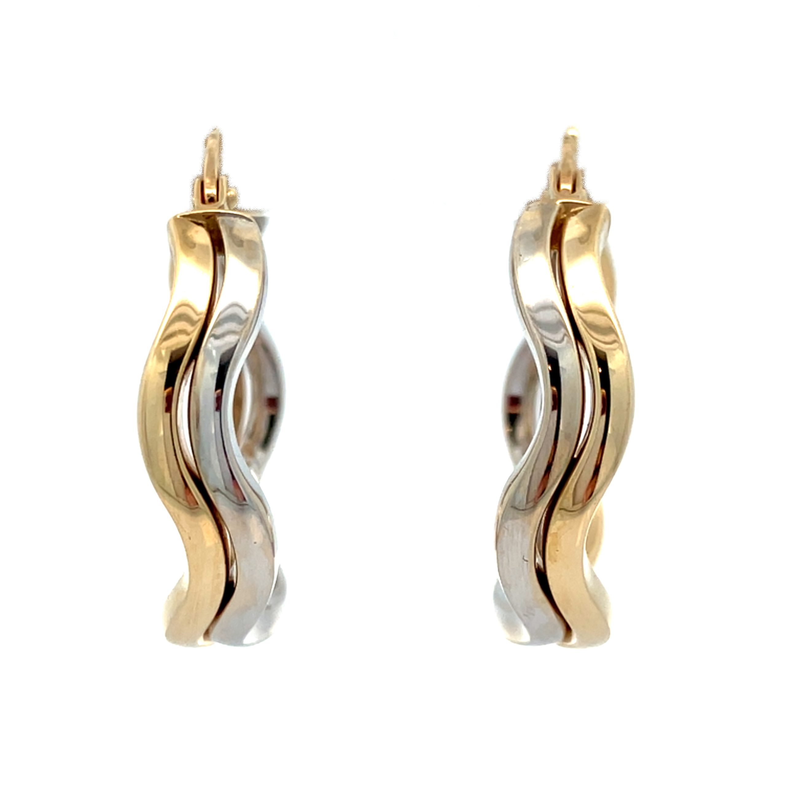 Contemporary White & Yellow Gold Wavy Hoop Earrings