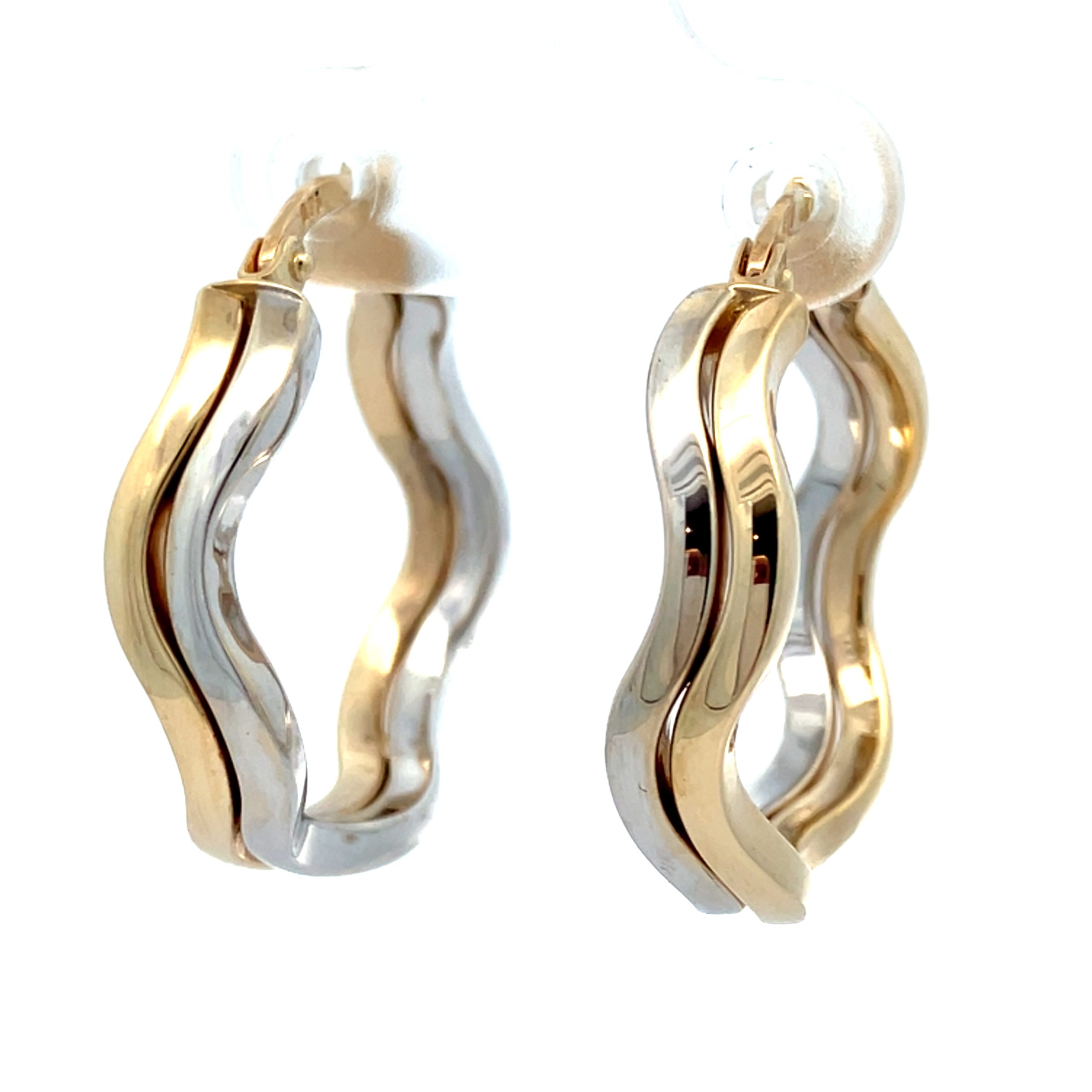 Contemporary White & Yellow Gold Wavy Hoop Earrings