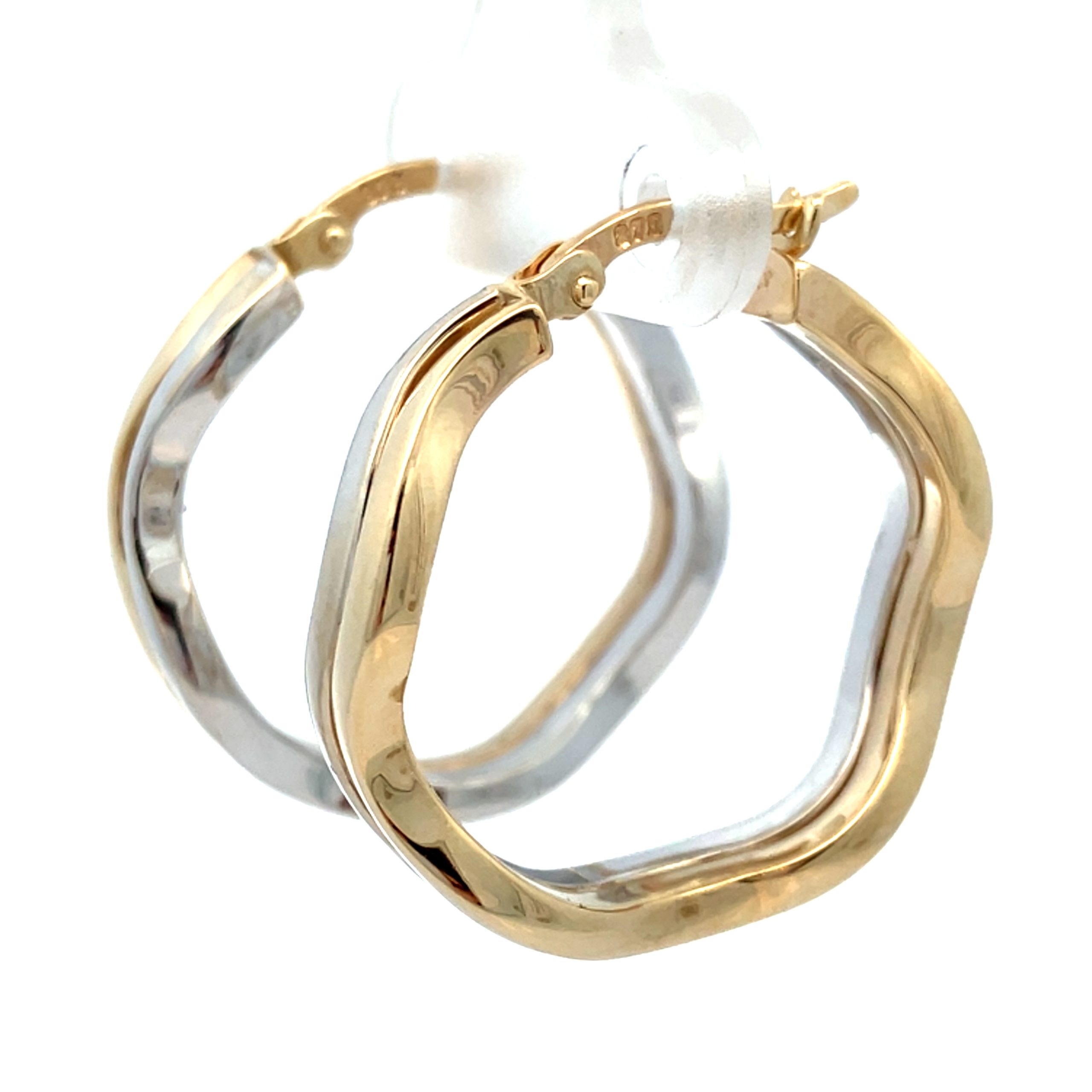 Contemporary White & Yellow Gold Wavy Hoop Earrings