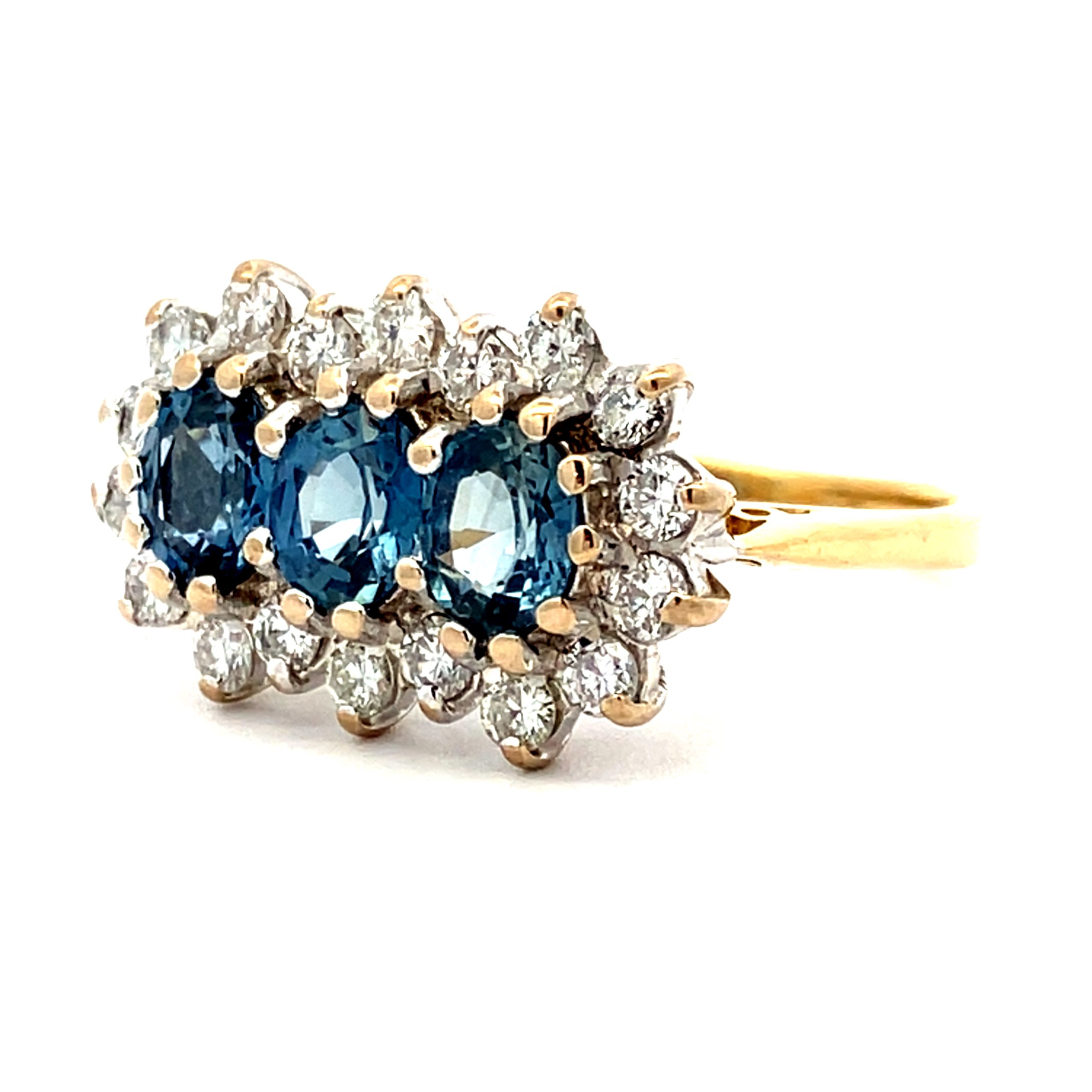 Striking Diamond Framed Blue Sapphire Trilogy Dress Ring