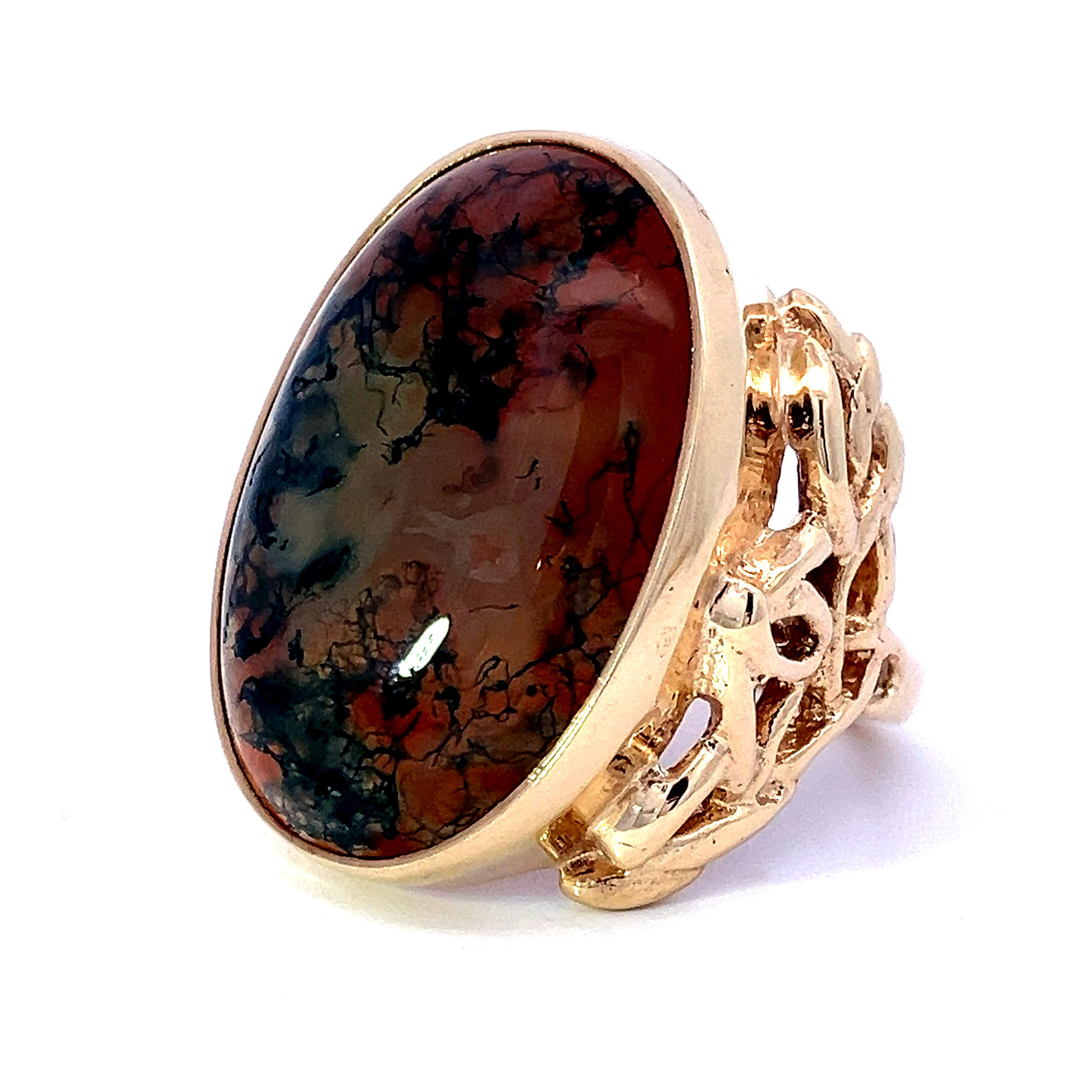 Vintage Red and Green Moss Agate Grande Gold Dress Ring