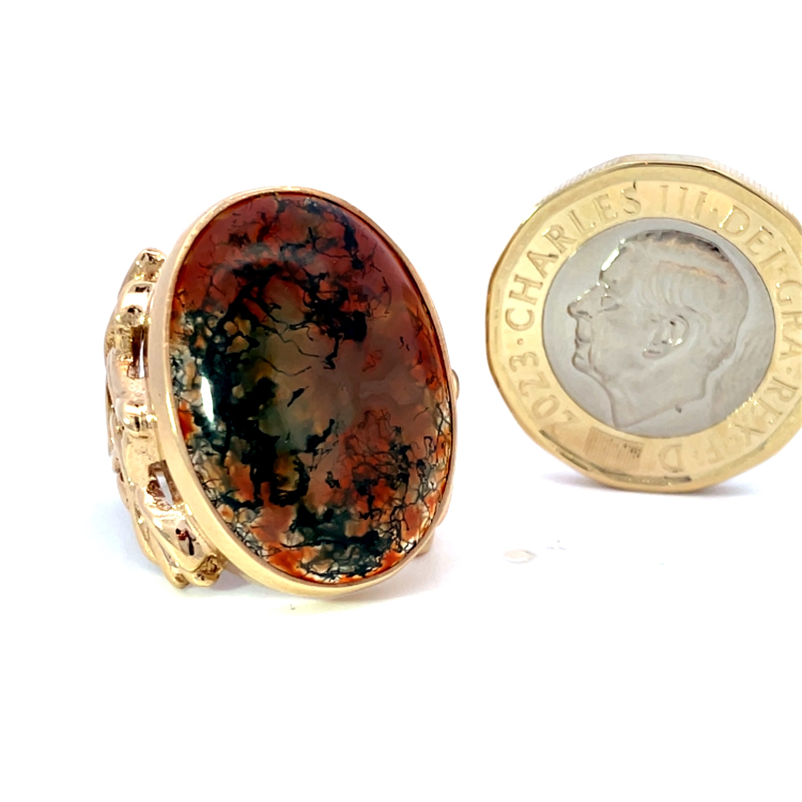 Vintage Red and Green Moss Agate Grande Gold Dress Ring